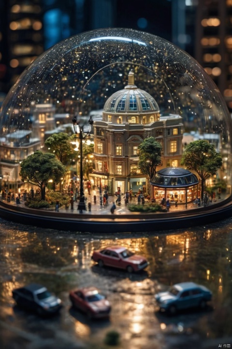 microscopic cityscape encased in a glass dome,tiny skyscrapers with intricate architectural details,miniature streets bustling with tiny cars and people,vibrant lights illuminating the city at night,reflection of the cityscape on the glass surface,impeccable craftsmanship capturing every minute element of the miniature scene,cityscape with realistic weather effects like rain or fog,glimmering stars in the night sky beyond the glass dome,to-scale trees and parks adding a touch of greenery to the urban scene,detailed texture of the glass dome,showcasing the beauty of the city in a small, encapsulated world,realistic reflections and shadows on the glass surface,creating a sense of depth and realism,impeccable attention to detail,bringing the miniature city to life with vibrant colors and textures,every building displaying unique architectural styles and designs,meticulously crafted people engaged in various activities,adding a sense of dynamism and storytelling to the scene,aerial perspective capturing the sprawling cityscape from above,transporting viewers into a mesmerizing world of miniatures,contrasting scales between the detailed cityscape and the glass dome,creating a sense of wonder and awe,meticulously arranged lighting,highlighting the intricate details and adding a sense of ambiance to the scene,creating a captivating visual experience with the delicacy and precision of a masterful artwork, (masterpiece, best quality, perfect composition, very aesthetic, absurdres, ultra-detailed, intricate details, Professional, official art, Representative work:1.3)