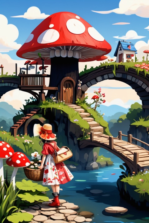 pixelart,Q version,straw hat,basket,Floral dress,Little red leather shoes,that tree,small bridge flowing water,Flowers and plants mushroom house,(Cogumelos, Clouds, Soft), enhance, intricate, (best quality, masterpiece, Representative work, official art, Professional, unity 8k wallpaper:1.3)