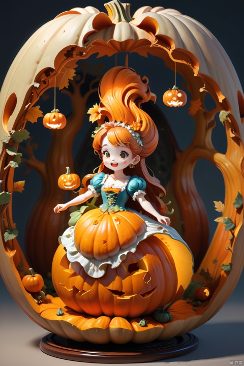A carving of a cute girl standing inside a large pumpkin,miniature whole body,Beautiful long-haired girl,retro long skirt,relief, on the plate on the dining table,Fruit carving,Three-dimensional engraving,food sculpture design,rotated, rococo style, Classicism, 3D carving, pumpkin color, octane render, enhance, intricate, HDR, UHD, Relief style, (best quality, masterpiece, Representative work, official art, Professional, 8k wallpaper:1.3)