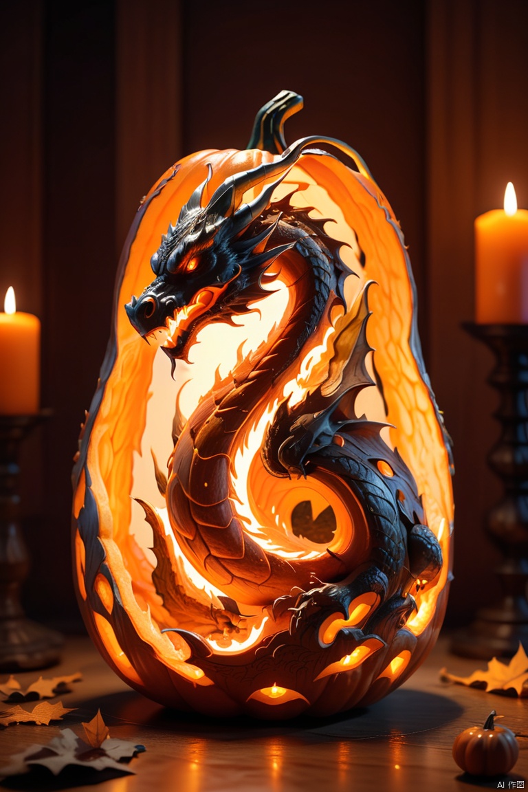 a dragon carved out of a pumpkin, artistic, all orange color, clean lines, candle inside, ambient light, octane render, (best quality, masterpiece, Representative work, official art, Professional, 8k:1.3)