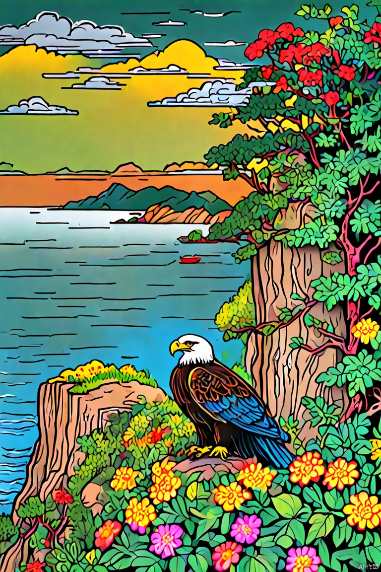 Cliffs by the sea,Cute bald eagle,Sophisticated and beautiful nest,branches,green leaves,Colorful flowers and diverse plants, graffiti in the style of Keith Haring, sharpie illustration, Bold lines and solid colors, minimalist, panoramic, Ultra high saturation, bright and vivid colors, intricate, (best quality, masterpiece, Representative work, official art, Professional, 8k), Chinese style