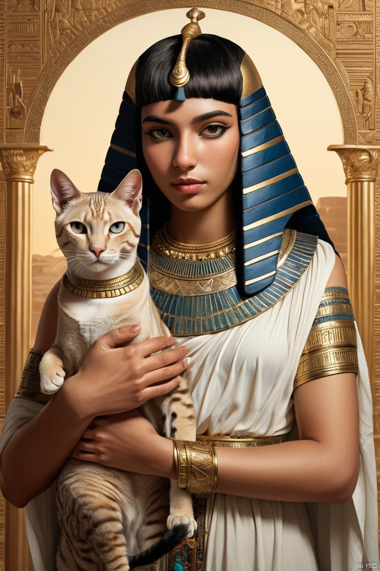 Illustration of Cleopatra as a girl and an Egyptian cat, intricate and detailed cat, held in Cleopatra's arms, graceful, elegant, ornate, sphinx in background, (masterpiece, best quality, perfect composition, very aesthetic, absurdres, ultra-detailed, intricate details, Professional, official art, Representative work:1.3)