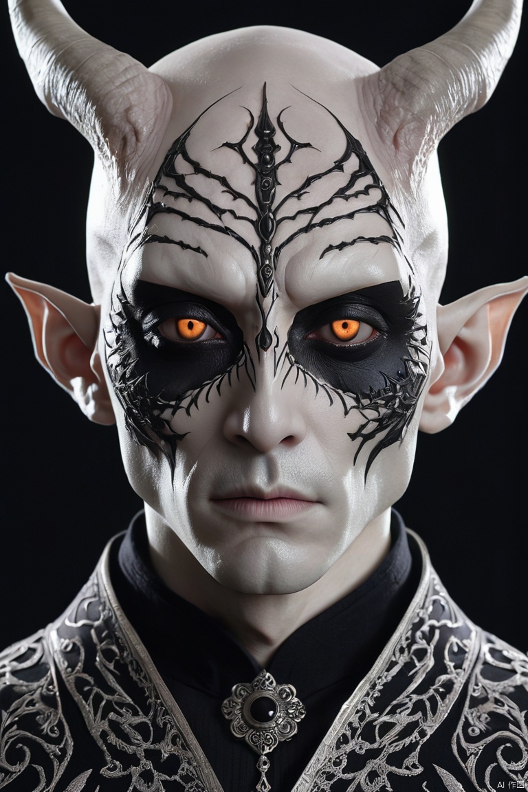 Symmetry, symmetrical, old, alien man, grayish white skin, pointy ears, black sclera, black face markings, demon eyes, bald, wearing black long clothes, intricate patterns, evil, dark aura, realistic anime, perfect composition, extreme detail, uhd, portrait, (best quality, perfect masterpiece, byyue, Representative work, official art, Professional, high details, Ultra intricate detailed:1.3)
