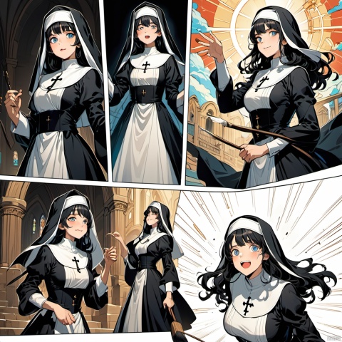 Nun, church, anime realistic, expressive eyes,detailed hair,wavy hair,flowing lines,shading techniques,dynamic poses,action scenes,background illustration,detailed costumes,fantasy world,magical elements,strong emotions,vibrant characters,light and shadow contrast,dramatic lighting,elegant composition,beautiful artistry,stylized characters,nostalgic atmosphere,brush strokes,contrast in values,precise linework,depth and perspective,comic book style,lively facial expressions,unique character designs,captivating storytelling, (masterpiece, best quality, perfect composition, very aesthetic, absurdres, ultra-detailed, intricate details, Professional, official art, Representative work:1.3)