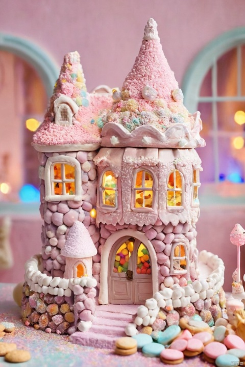 Chocolate Wall Castle, Cookies window, Marshmallow Roof,pastel colors, Fantasy lights, fantasy setting, Sweet, Charming atmosphere, Mouthwatering details, Complex buildings, Magical environment, Sweet joy, Vibrant and whimsical, Fairytale landscape, visually stunning, exquisite craftsmanship, Pleasing beauty, Exquisite sugar sculpture, Pleasing texture, Creamy smooth, indulgent treat, Candy heaven, Sweet and seductive, Sweet wonderland, Delicious and magical, (masterpiece, best quality, perfect composition, very aesthetic, absurdres, ultra-detailed, intricate details, Professional, official art, Representative work:1.3)