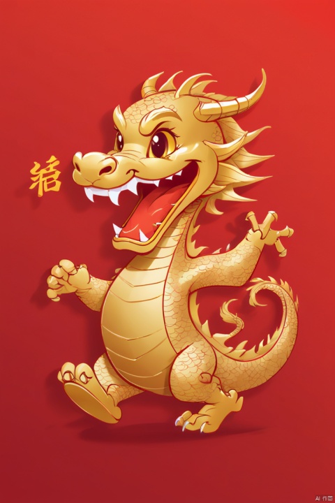 Sketch style, Simple golden negative space on Chinese red background, Smiling happily and cutely, Minimalist Chinese dragon walking, dynamic action, flat, vector, clip art, Greg Staples style, (best quality, masterpiece, Representative work, official art, Professional, Ultra high detail, 8k)