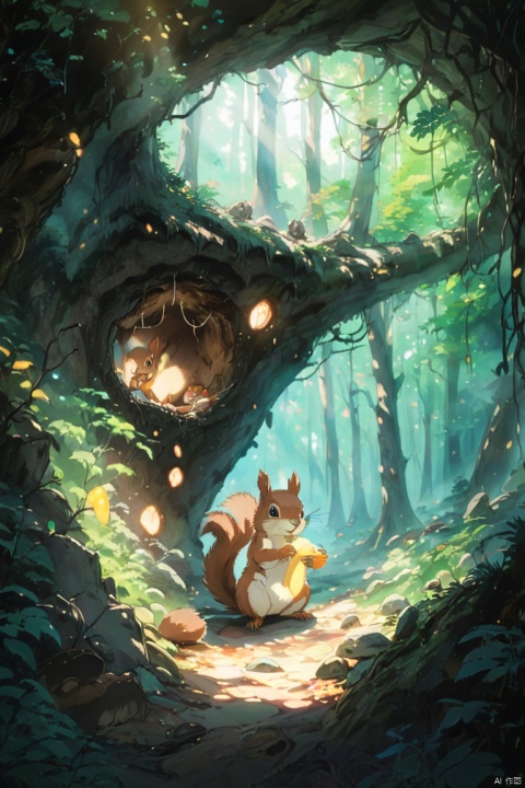 Squirrel nest, inside tree, tree cave, Anime, Soft color, studio ghibli, ghibli style, soft tone, lense flare, 90s film style, forest, hills, hue, anime, Cinematic, high detail, Fujicolor, UHD, retina, super detail, panoramic, Ultra high saturation, bright and vivid colors, intricate, (best quality, masterpiece, Representative work, official art, Professional, 8k)