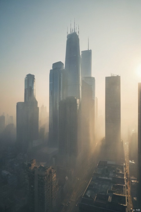 RAW photo, best quality, cinematic film still, From a fog engulfing a city, glistening skyscrapers reach towards the sun. They rise above the fog, reflecting the morning sun, (masterpiece, best quality, perfect composition, very aesthetic, absurdres, ultra-detailed, intricate details, Professional, official art, Representative work:1.3)