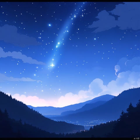 抬头仰望,天空中稀疏地点缀着七八颗星星,闪烁在遥远的天际。而在那连绵起伏的山峦之前,有两三滴细雨轻轻飘落,给这宁静的夜晚带来一丝丝清凉与滋润