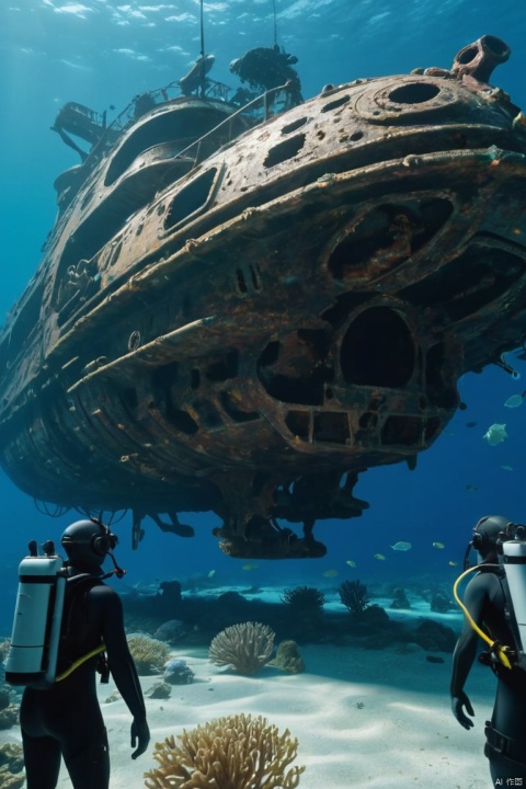 A scuba diver discovers a hidden futuristic shipwreck, with cybernetic marine life and advanced alien technology, (best quality, masterpiece, Representative work, official art, Professional, Ultra intricate detailed, 8k:1.3)