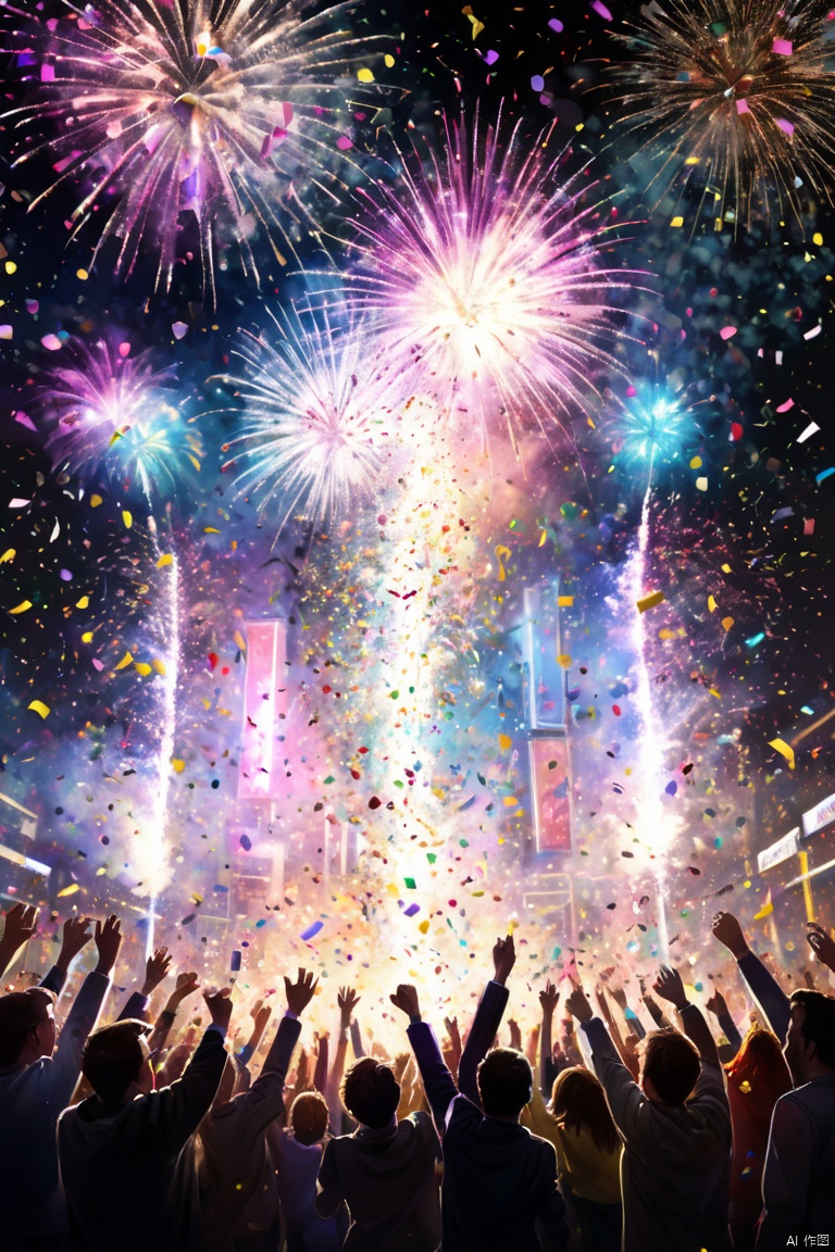 New Year Eve celebration, people gather in squares or bars, colorful confetti falls from the sky accompanied by fireworks and cheers, panoramic view, Ultra high saturation, (best quality, masterpiece, Representative work, official art, Professional, 8k)