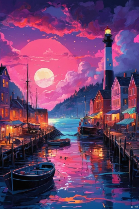 Aesthetics of steam waves, landscape paintings, neon lighthouses, harbor towns, docks, boats, moon, stars, clouds, auroras, beautiful, colorful, sparkling, shining, casting colorful spells, drawing neon colors on dark backgrounds, blending ancient and modern scenery of harbor towns, popular illustrations, posters, perfect compositions, expressing Italian design, entangled, magical elements, exciting, masterpiece, 4k, artwork Bright colors, black, Pink, light blue, purple, (best quality, masterpiece, Representative work, official art, Professional, 8k, Ultra intricate detailed:1.3)