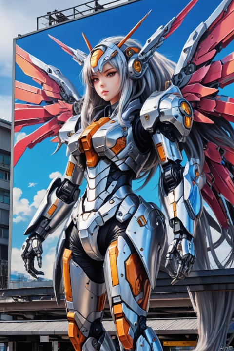 a mecha girl painted on billboard, (silver long hair), mechanical wings, railway station, panoramic, Ultra high saturation, bright and vivid colors, intricate, (best quality, masterpiece, Representative work, official art, Professional, 8k)