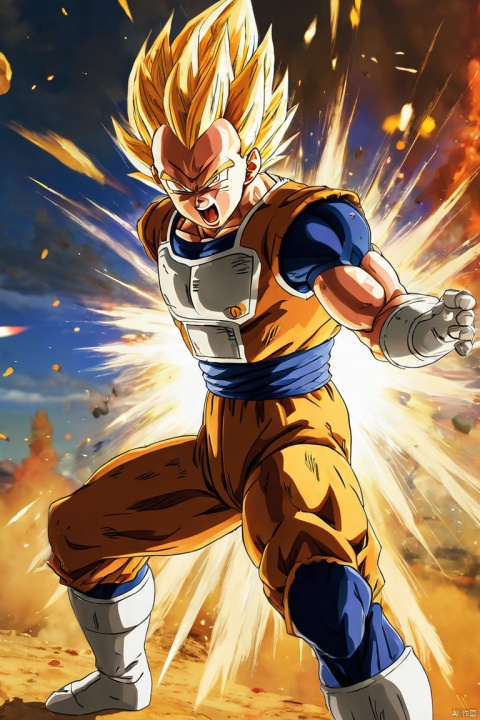 illustration, Dragonball, vegeta, powerful,fighting scene,dynamic poses,aura,fiery blast,battlefield,explosions,transformation,saiyan,zoomed perspective,climactic moment,energy beams,serious expressions,dragon balls,flying hair,muscular bodies,anime style,vivid colors,stunning effects,lighting effects,contrast,action-packed, (best quality, perfect masterpiece, Representative work, official art, Professional, high details, Ultra intricate detailed:1.3)