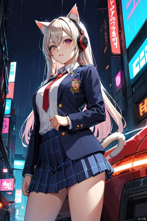 Photorealistic anime girl rendering, Realistic anime 3D style, beautiful platinum blonde hair, long hair, crossed bangs, asymmetrical bangs, eyelashes, intense red eyes, strong eye highlights, (awesome cat ears:1.3), (awesome cat tail:1.3), very big breasts, perfect anatomy, ((red ribbon tie, Japan High School Uniforms, dark blue long sleeve jacket, white shirt, navy blue flared skirt, mini skirt)), ((Camera angle looking up from the front and slightly below)), decorative choker, (sophisticated headphones), (metallic bra), (Looking back, look up at the camera), it&#39;s raining, my body gets wet from the rain, Decadent and futuristic urban area in the evening, (cyberpunk city), (futuristic car, flashing red light), (lightning is shining), (Flashing blue and purple neon tubes), volume lighting, soft light, Bright colors, watercolor painting, bright colors, Create digital artwork in pop art style, (masterpiece, best quality, perfect composition, very aesthetic, absurdres, ultra-detailed, intricate details, Professional, official art, Representative work:1.3)