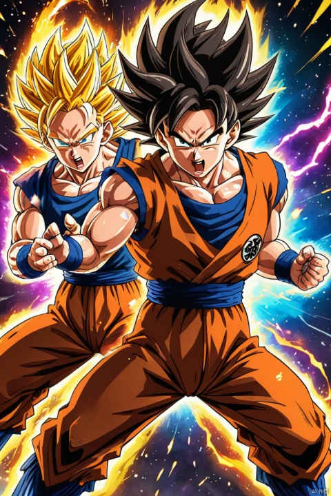 DragonBall, goku,vegeta,stern expressions,spiky hair,fighting stances,fierce battle,anime style,neon colors,vibrant aura,energy blasts,explosions,super saiyan transformations,lightning effects,scorching flames,high-intensity action,galactic background,cracked planet surface,cosmic energy, (best quality, perfect masterpiece, Representative work, official art, Professional, high details, Ultra intricate detailed:1.3)