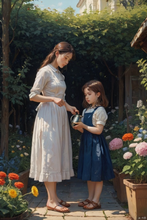 mother and cute daughter, watering flowers, (masterpiece, best quality, perfect composition, very aesthetic, absurdres, ultra-detailed, intricate details, Professional, official art, Representative work:1.3)