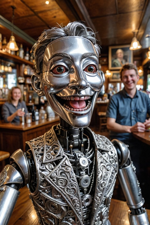 silver Mechanical Puppet, taken by go-pro, selfie, instagram, selfie with frineds, smiling, silver, titanium, reflecting, in a pub, (best quality, masterpiece, Representative work, official art, Professional, Ultra intricate detailed, 8k:1.3)