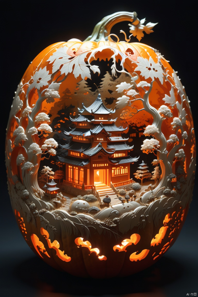 night,micro landscape,Pumpkin carved with fun forest pattern,pumpkin lantern,Beautiful carving pattern on pumpkin,Empty,Warm candle flame inside pumpkin,Red tassel decoration,Pearl decoration,Chinese elements,Pumpkin vine, by Katsuhiro Otomo and Yoji Shinkawa, octane render, (best quality, masterpiece, Representative work, official art, Professional, 8k:1.3)