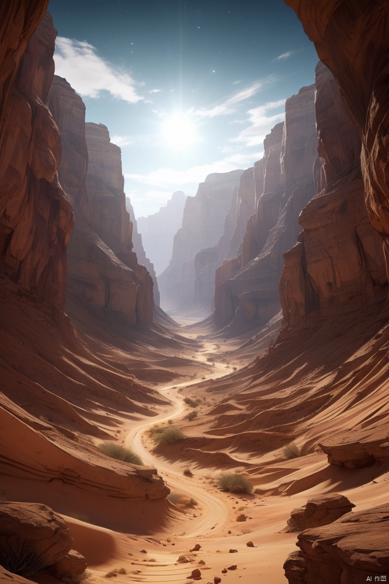 real light,Wide-angle lens, Ultra-wide angle crisp ray traced rendering,Surreal in vast desert canyon under mysterious sky, Countless dimensions are intertwined. Huge mountains contain the mysterious sheer cliffs of the universe.、narrow passage、Deep valley bottom, magnificent canyon scenery, depth of field, wide-angle movie aesthetics, high-definition fantasy art, enhance, intricate, (best quality, masterpiece, Representative work, official art, Professional, unity 8k wallpaper:1.3)