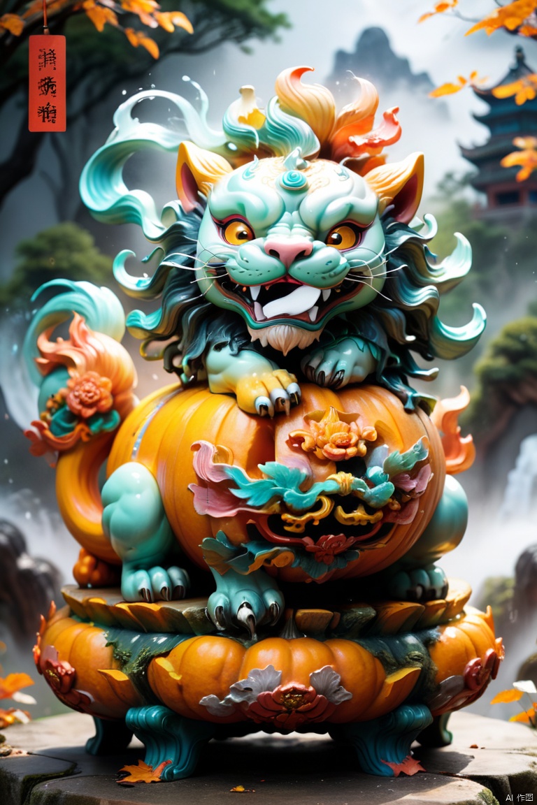 Cute IP carved on the big pumpkin, Blind box style, Chinese mythology Rui beast Pixiu, Shaped like a lion, faucet, horse body, at the foot of the forest, Surrounded by Chinese auspicious clouds, solid color background, rich and colorful, whole body, Delicate picture quality, Looking into the distance, Bright iridescent highlights, 3D carving, pumpkin color, octane render, enhance, intricate, HDR, UHD, Relief style, (best quality, masterpiece, Representative work, official art, Professional, 8k wallpaper:1.3)
