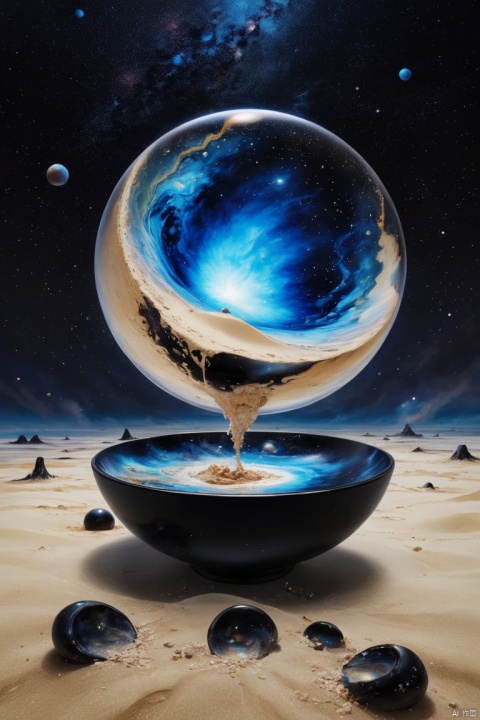 there is a black bowl with a blue galaxy inside of it, rotating water universe, universe in a grain of sand, panoramic view, Ultra high saturation, (best quality, masterpiece, Representative work, official art, Professional, 8k), by Eiko Ishioka, Daniel Richter, david hardy, Nakayama Masaru, Kurumada Masami, naoya tanaka, Eva Gonzalez, naoki ikushima, Hiroyuki