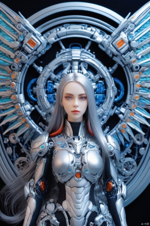 a mecha girl, silver long hair, mechanical wings, (embroidery circle, 3d framed embroidery, macro detailed stitching, intricate fabric texture), embroidery on clothes, panoramic, detailed background, Ultra high saturation, bright and vivid colors, (best quality, masterpiece, Representative work, official art, Professional, 8k:1.3)