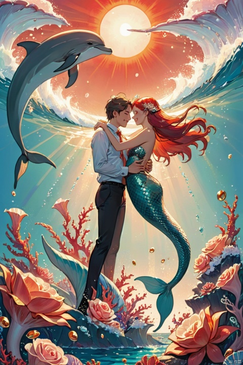 Under the witness of a red sun, the mermaid princess and her lover held a romantic wedding on the sparkling sea surface. Dolphins jumped and cheered as witnesses, and the conch horn blew a happy melody, (masterpiece, best quality, perfect composition, very aesthetic, absurdres, ultra-detailed, intricate details, Professional, official art, Representative work:1.3)