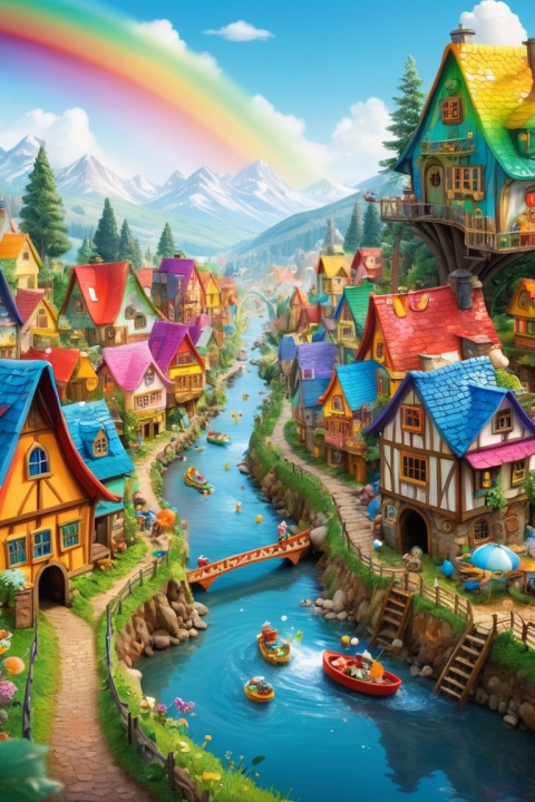 (Fairy Tale Town:1.2), Richard Scarry, river made of Rainbow Sugar and Honey, Colorful River, Fairy Village, intricate, (best quality, masterpiece, Representative work, official art, Professional, unity 8k wallpaper:1.3)