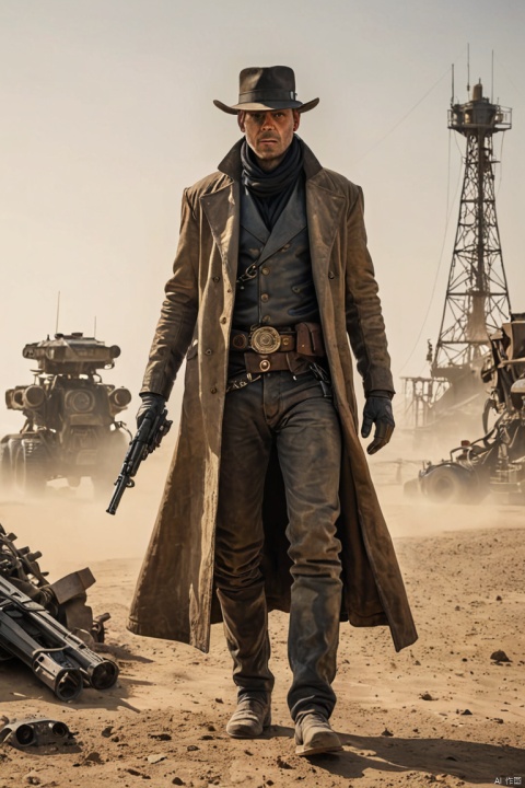 Roland from "The Gunslinger", by Stephen King, Mechanical Puppet gunslinger amidst a deserted world with a distant glass tower, wearing long dirty coat, sandstorm, tiny dust-covered sun, futuristic western, mad-max-atmosphere, cinematic light, (best quality, masterpiece, Representative work, official art, Professional, Ultra intricate detailed, 8k:1.3)