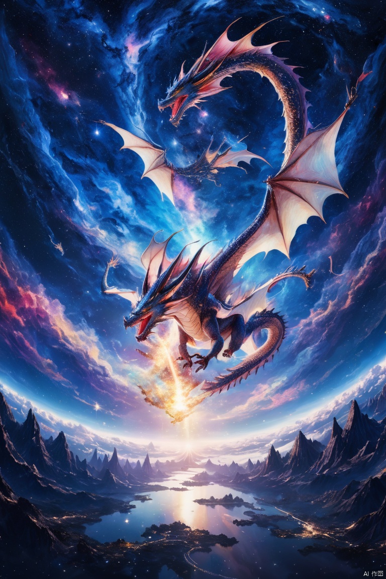 Starry Universe, Dragon flying on the Sky, panoramic view, Ultra high saturation, (best quality, masterpiece, Representative work, official art, Professional, 8k)