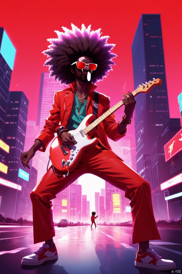 a dragon wearing red suit and sunglasses, Playing electric guitar, afro Hairstyle, dynamic pose, Vector illustration, Minimalism, vaporwave art, Background city neon board street scene, panoramic view, Ultra high saturation, (best quality, masterpiece, Representative work, official art, Professional, 8k)
