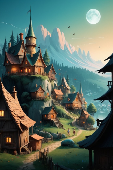 (dynamic illustration of Fairy Tale Village:1.2), (Oliver Jeffers), Fairy Tale theme, enhance, intricate, (best quality, masterpiece, Representative work, official art, Professional, unity 8k wallpaper:1.3)