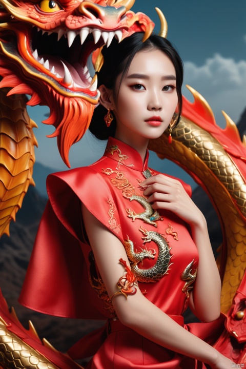 Series set,Creative jewelry,exaggerate,Model wears dragon image clothes, advanced, panoramic, Ultra high saturation, (best quality, masterpiece, Representative work, official art, Professional, 8k)