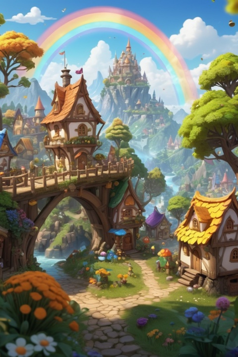 (Fairy Tale Town:1.2), Strategy Game, Fairy Village, Rainbow Sugar and Honey everywhere, intricate, (best quality, masterpiece, Representative work, official art, Professional, unity 8k wallpaper:1.3)