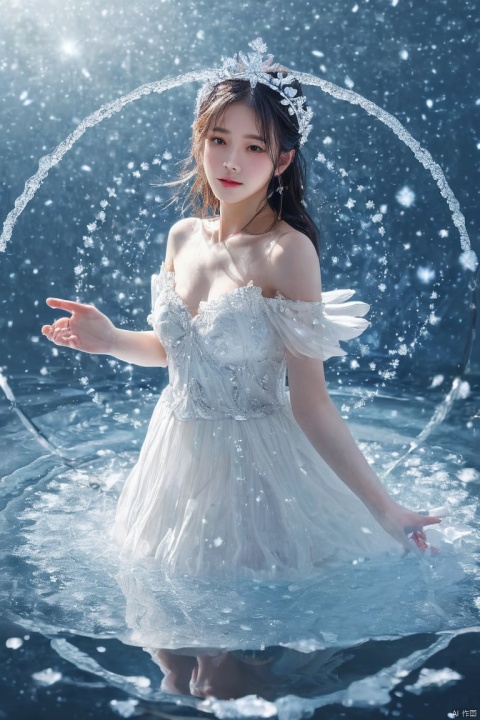 simple background,water,ice and water,water ring,the water ring surrounds the girl and is a bit of a circular magic,ice,1girl,solo,plump,looking at viewer,floating water,space,frost nova,ice circle,close up,white dress,ice flower,ice tiara,winged_footwear,sparkle_background, (masterpiece, best quality, perfect composition, very aesthetic, absurdres, ultra-detailed, intricate details, Professional, official art, Representative work:1.3)