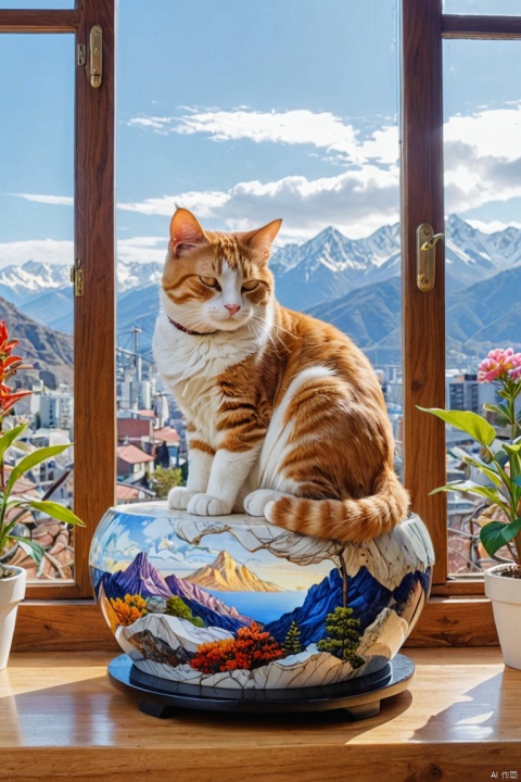 wide view, Mechanical cat, sleeping on marble planter wooden pot, colorful scenic mountains clear sky through window panes background, (best quality, masterpiece, Representative work, official art, Professional, Ultra intricate detailed, 8k:1.3)