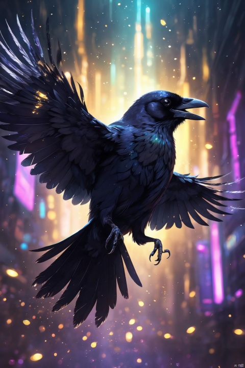 flying crow, cyberpunk art style, beautiful lighting, shining feathers, dark luminous eyes, bokeh, shining black, glitter, sparkle, gleam, in a dark fantasy space, (masterpiece, best quality, perfect composition, very aesthetic, absurdres, ultra-detailed, intricate details, Professional, official art, Representative work:1.3)