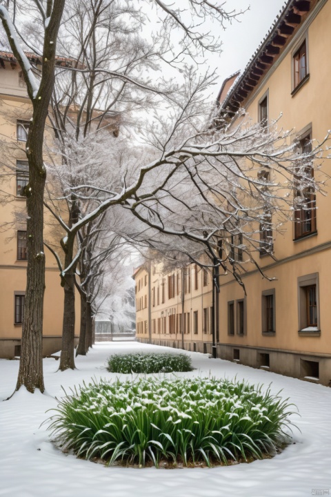 spring grass blades in courtyard, snow passes through the courtyard trees, posing as flying petals, (masterpiece, best quality, perfect composition, very aesthetic, absurdres, ultra-detailed, intricate details, Professional, official art, Representative work:1.3)