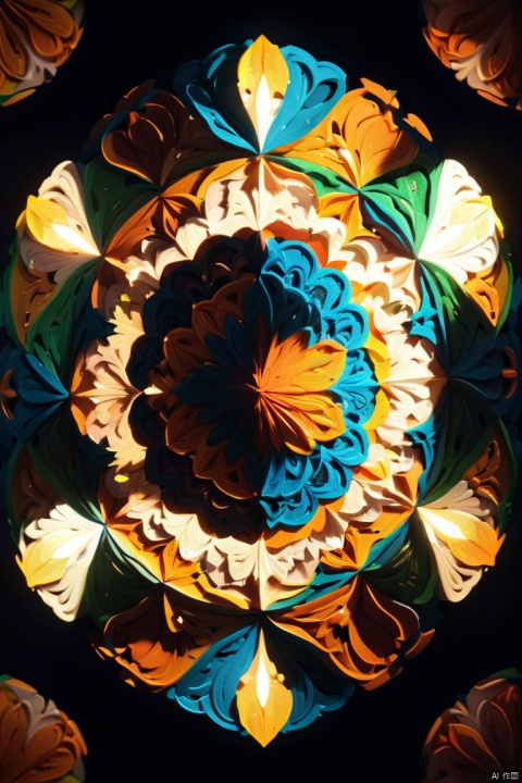 pumpkins carved in a kaleidoscope and colored colorfully, dark background, light up, delicate, flashy and dynamic depiction, octane render, enhance, intricate, HDR, UHD, (best quality, masterpiece, Representative work, official art, Professional, 8k wallpaper:1.3)