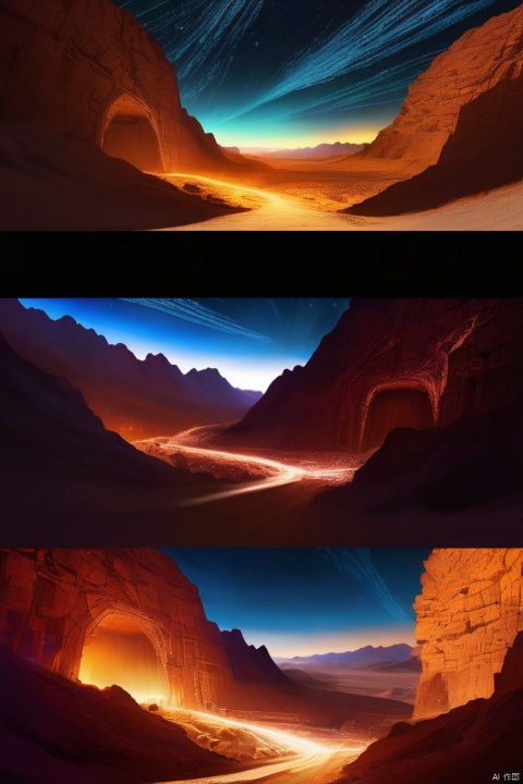 multi-layered basket_light, Wide-angle lens, Ultra-wide angle crisp ray traced rendering, Surreal in vast desert canyon under starry sky with mysterious colorful bright lights, Countless dimensions are intertwined. Huge mountains contain the mysterious sheer cliffs of the universe, narrow passage, Deep valley bottom, magnificent canyon scenery, wide-angle movie aesthetics, high-definition fantasy art, enhance, intricate, (best quality, masterpiece, Representative work, official art, Professional, unity 8k wallpaper:1.3)