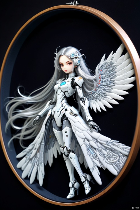a mecha girl, silver long hair, mechanical wings, (embroidery circle, 3d framed embroidery, macro detailed stitching, intricate fabric texture), (best quality, masterpiece, Representative work, official art, Professional, 8k:1.3)