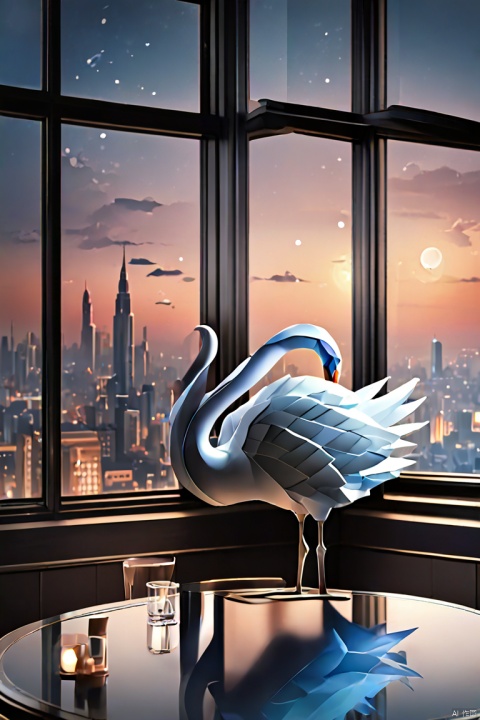 (an art deco), There is a blue and white origami swan on the table by the window,Night view of the city outside the window,FOG,neon lights, aesthetic,bokeh background,Very detailed,masterpiece,rule of thirds,Award-winning,Studio photos,Chiaroscuro lighting,Luxurious scenes inspired by the Art Deco movement, Characterized by its bold geometric shapes, Luxurious décor, and luxurious materials. The environment exudes charm and sophistication, Have smooth lines, complex patterns, and gleaming metal accents that adorn buildings and decorations. Symmetrical composition, rich palette, Stylized patterns evoke the timeless glamor of the Art Deco era, Capturing the essence of modernity and elegance. This visually striking scene immerses viewers in the luxurious and cosmopolitan atmosphere of the Art Deco movement, Demonstrating the lasting impact of this iconic art and design style, panoramic, Ultra high saturation, bright and vivid colors, intricate, (best quality, masterpiece, Representative work, official art, Professional, 8k)
