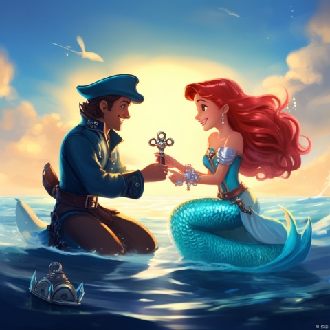 海面上,人鱼公主与一位勇敢的航海家秘密会面,他们交换着珍贵的礼物——一枚闪耀的珍珠和一把锋利的船舵钥匙,象征着两个世界的友谊和探索未知的勇气