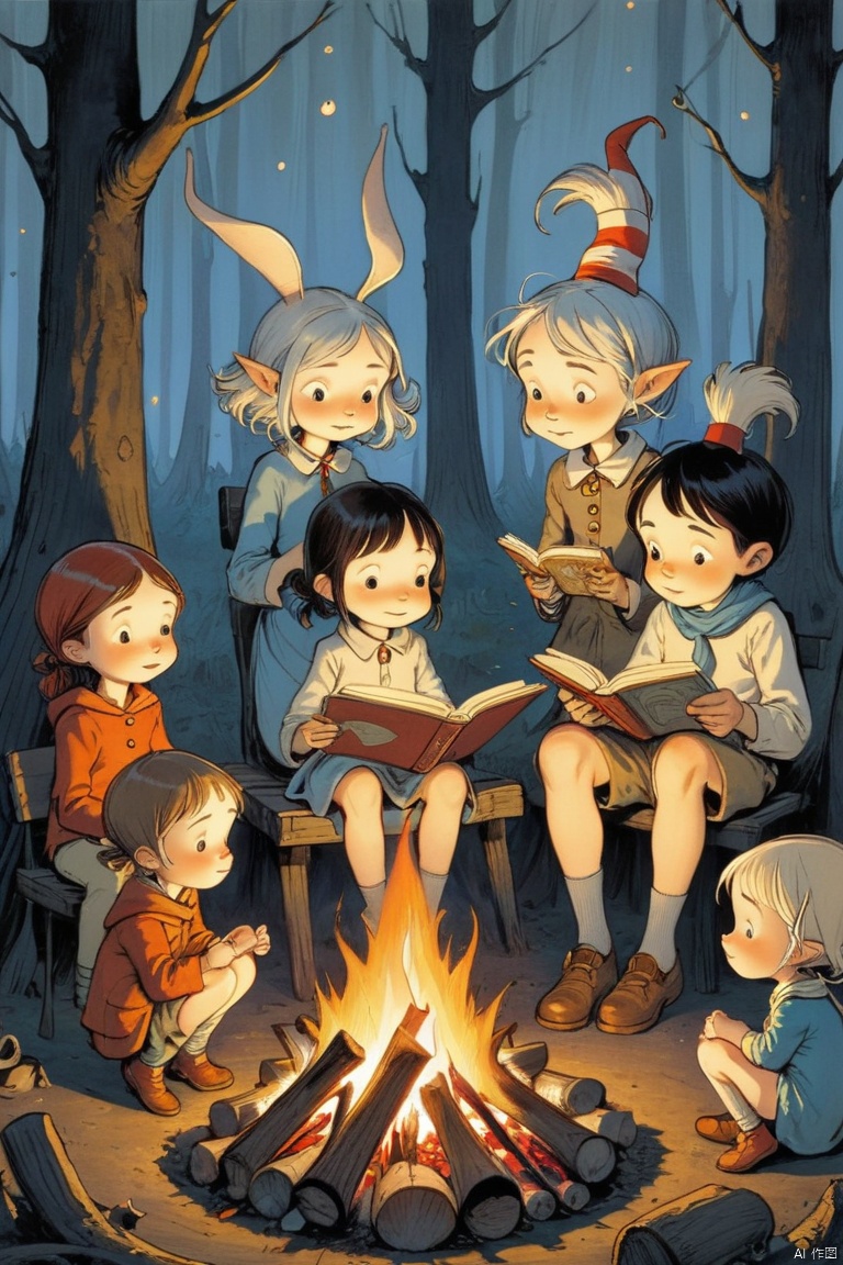 children sitting around a campfire, whimsical, children's story book art style, jean baptiste monge, dr seuss, (masterpiece, best quality, perfect composition, very aesthetic, absurdres, ultra-detailed, intricate details, Professional, official art, Representative work:1.3)