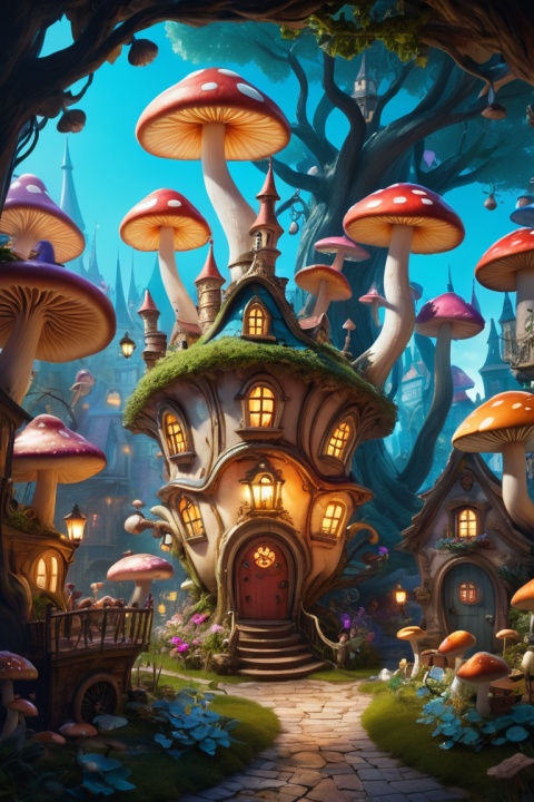 Alice in Wonderland themed fairy tale town,story book,Beautifully detailed building,Whimsical landscape,Magic Street,Playful characters,Weird costumes and props,Floating teacups,Dream mushrooms,floral decorations,hidden doorway,Magical tree,Fantastical Atmosphere,Vibrant colors and contrast,Fantasy lighting effects,Ethereal scene,Fantastical Atmosphere,Fascinating details,Pay attention to textures and patterns, enhance, intricate, (best quality, masterpiece, Representative work, official art, Professional, unity 8k wallpaper:1.3)