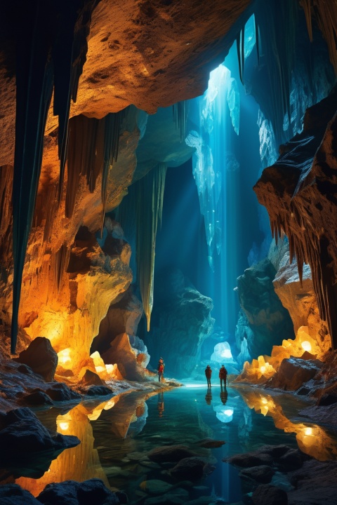 (a group of explorers:1.1) exploring a majestic crystal cave,(mysterious,otherworldly,dazzling) lights illuminating the cavern walls,(sparkling,translucent) crystals in various shapes and sizes,(shimmering formations,glowing stalactites,glittering stalagmites) adding a magical touch to the scene,(icicles hanging from the ceiling,crystalline floor reflecting the light) creating a mesmerizing spectacle,(soft,subtle illumination:0.9) enhancing the ethereal atmosphere,(deep,submerged darkness,hidden depths) hiding undiscovered wonders, (ancient,untouched,pristine) formations revealing the passage of time,(quiet,serene ambiance:0.9) allowing for peaceful exploration,(echoing footsteps,chirping sounds) of mysterious creatures echoing in the distance,(explorers' gear and equipment,maps and compasses) scattered on the cave floor,(rivulets of underground rivers,wet and damp walls) hinting at the secrets held within,(sense of adventure and anticipation) filling the air,(adrenaline rush:1.1) driving the expedition deeper into the unknown, (whispered legends and tales of treasures buried within) fueling their determination to uncover the cave's secrets,(thrilling discoveries,hidden chambers) waiting to be uncovered by the daring explorers. (best quality,highres,ultra-detailed) crystal cave expedition,(realistic,photo-realistic) depiction of the exploration,(sublime,dramatic) lighting emphasizing the grandeur of the cave, (luminous,crystalline colors) bathing the scene in an otherworldly glow, (mysterious,hinting at unseen wonders) shadow and light playing on the cave formations,(meticulously rendered details,vivid textures) bringing the cave to life,(immersive,awe-inspiring) 3D rendering capturing the depth and beauty of the crystal cave exploration,(stunning reflections,subtle nuances) showcasing the intricate beauty of the cave's crystals, (sense of wonder and adventure) evoking a sense of awe and curiosity in the viewers, (awe-inspiring masterpiece,unforgettable work of art) that transports them to the depths of the crystal cave, (hidden treasures and mysteries) waiting to be discovered, enhance, intricate, (best quality, masterpiece, Representative work, official art, Professional, unity 8k wallpaper:1.3)