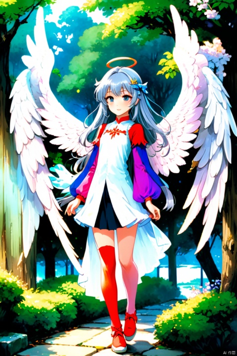 anime artwork Frieren \(anime\), girl, grey hair, long hair, bangs, angel wings, full body, inspired by randolph caldecott, enhance, intricate, (best quality, masterpiece, Representative work, official art, Professional, 8k)