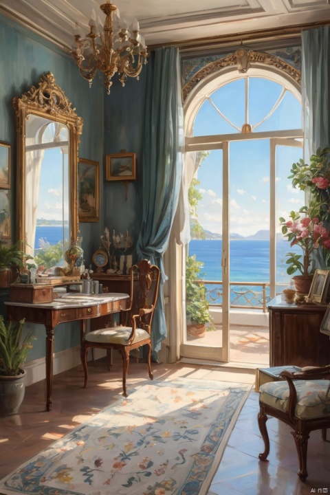 seaview, room, Exquisite decoration, neat and tidy, sort, indoor, realism, detailed background, (masterpiece, best quality, perfect composition, very aesthetic, absurdres, ultra-detailed, intricate details, Professional, official art, Representative work:1.3)