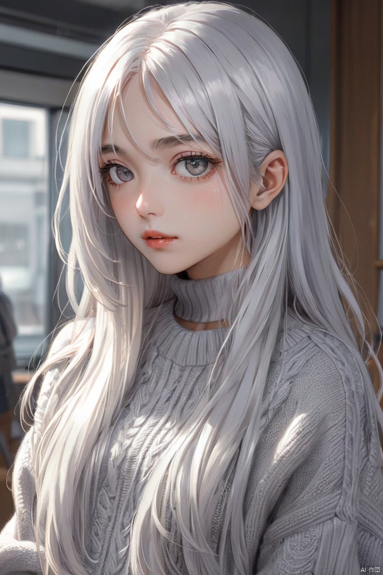girl, silver hair, silver eyes, sharp jawline, sweater, long hair, hair over one eye, shy, (masterpiece, best quality, perfect composition, very aesthetic, absurdres, ultra-detailed, intricate details, Professional, official art, Representative work:1.3)